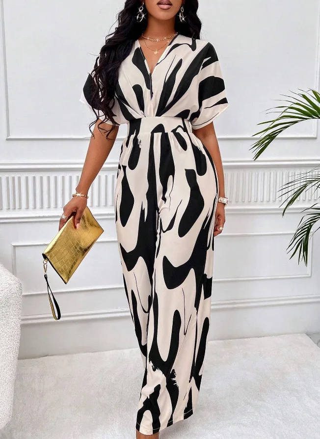 

Autumn Fashion Printed Deep V Neck Printed Jumpsuit For Women Office Elegant Bat Sleeve Elastic Waist Wide Leg Casual Jumpsuit