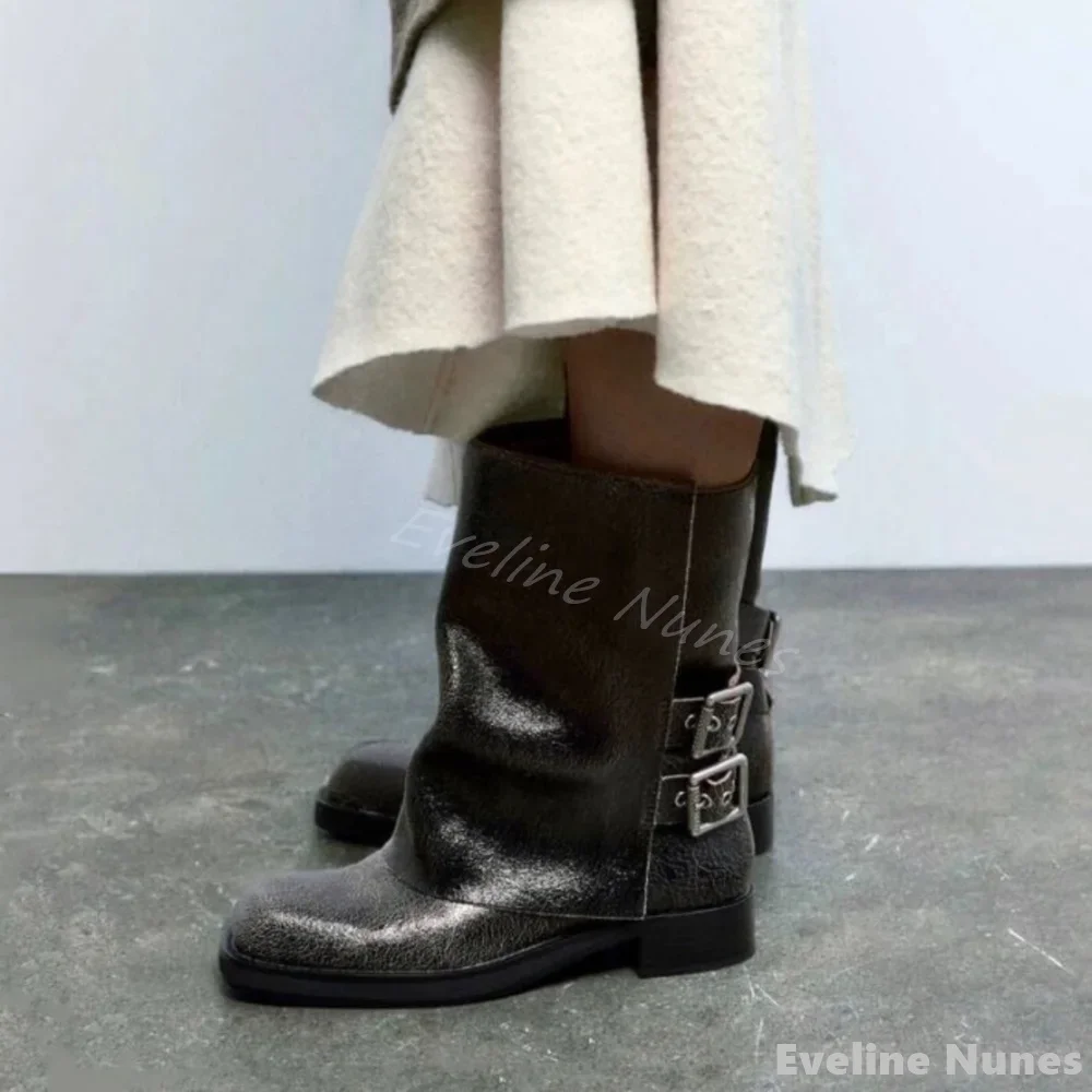 

Shiny Cracked Leather Trouser Boots Women Square Toe Belt Buckle Slip On Retro Mid Calf Boots 2024 New Fashion Motorcycle Boots