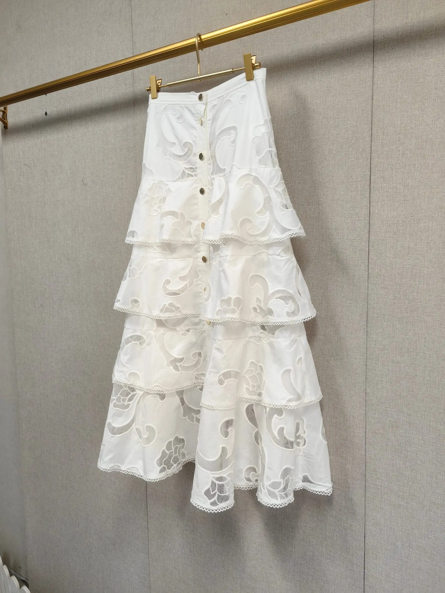 

Women V-Neck Hollow Embroidered Lace Set Long Sleeve Blouse + Hign Waist A-Line Tiered Pleated Midi Skirt 2026 Spring/Summer