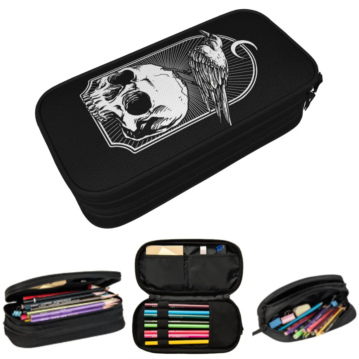 Federmäppchen mit gotischem Raben auf einem Totenkopf, für Jungen und Mädchen, Geschenke, Stiftbox, Bleistiftbeutel, Schreibwaren, Stifthaltertasche