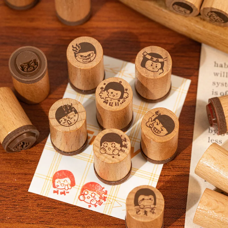 Yuxian Cultural and Creative Circular Wooden Seal Emojis Stamp Collection Cute Style Fun Pattern DIY Landscape Decoration Prints