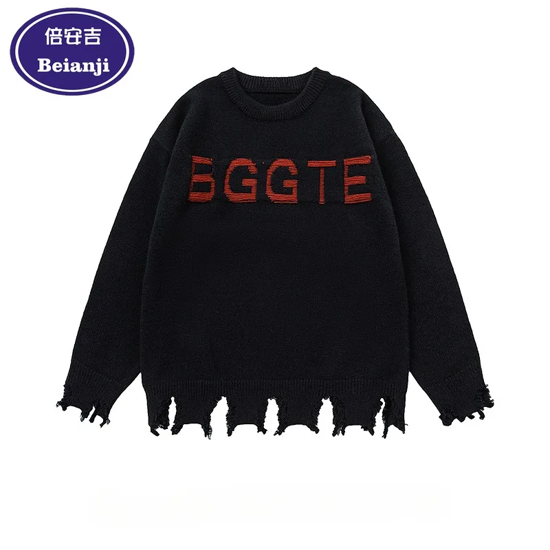 Beianji sweater American street destruction style red men's autumn/winter alphabet jacquard niche retro loose pullover sweater