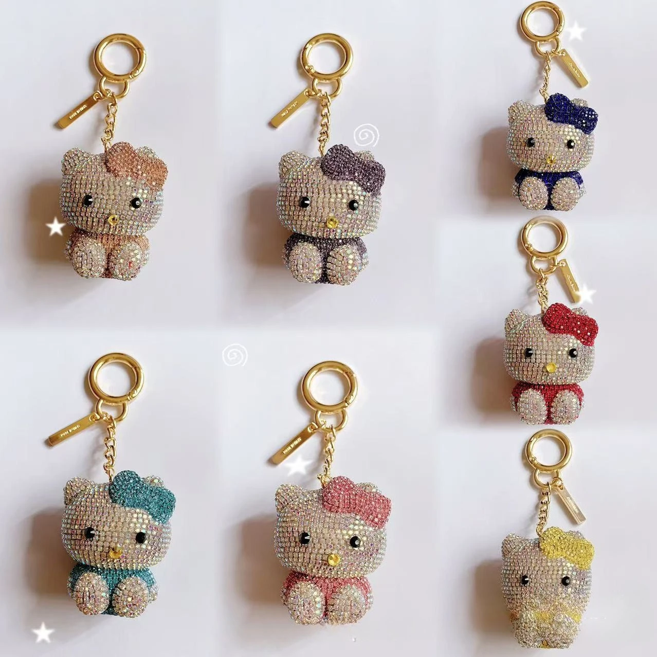 

Hello Kitty Handmade Keychain with Rhinestones Car Key Ring KT Cartoon Animal Glass Rhinestone Bag Pendant Gifts for Women Girls