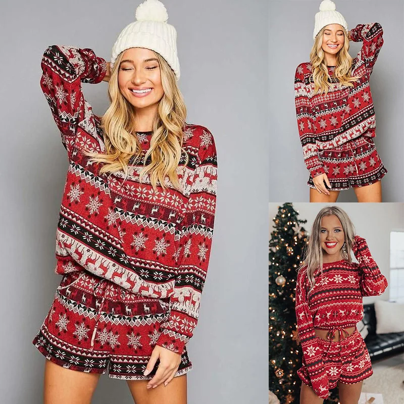 2 Pieces Women Sets Autumn New European Printed long-sleeved top+shorts Loose Christmas Home women's Sets