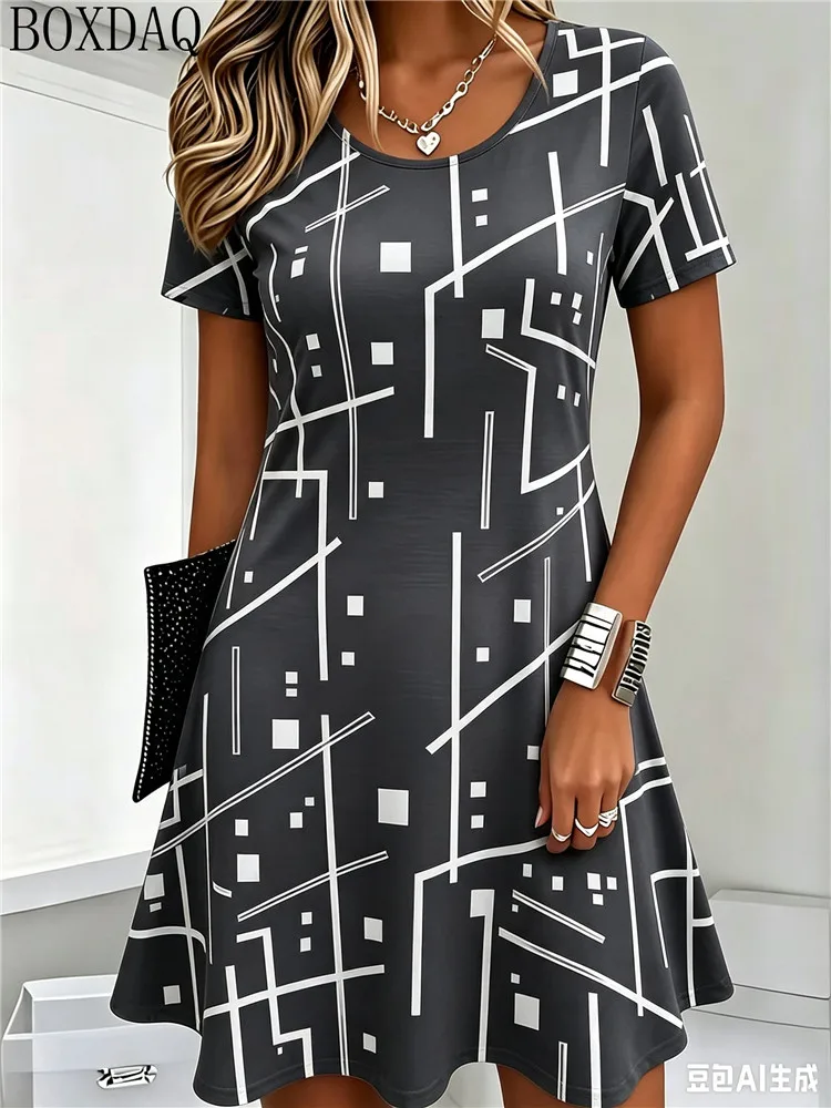Summer Women's Dresses Casual Round Neck Short Sleeved Geometric Lines Abstract Pattern Printed Loose Dress
