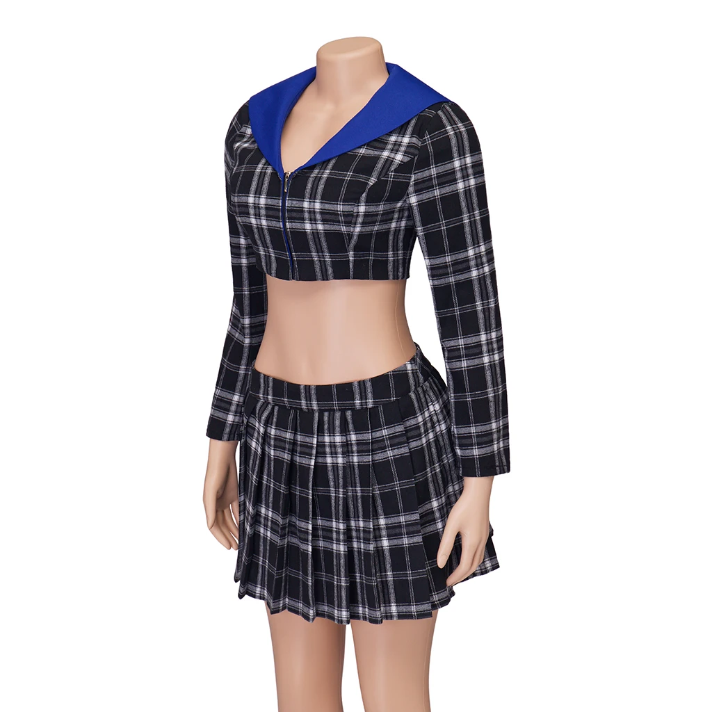 Costume de cosplay Dionne Dee sur mesure, haut et mini-jupes, tenue de scène pour Halloween et carnaval, uniforme à carreaux noirs pour femmes