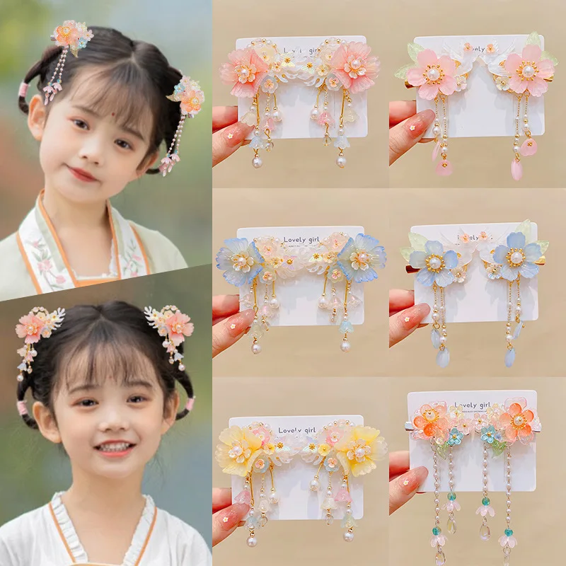 Flower Tassel Hair Clips Chinese Style Pearl Alloy Barrettes For Hanfu Cosplay Party