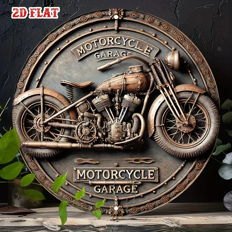 Vintage Motorcycle Garage Round Iron Sign - Retro Metal Wall Decor, Bronze-Colored Motorcycle Art with Ornate Border