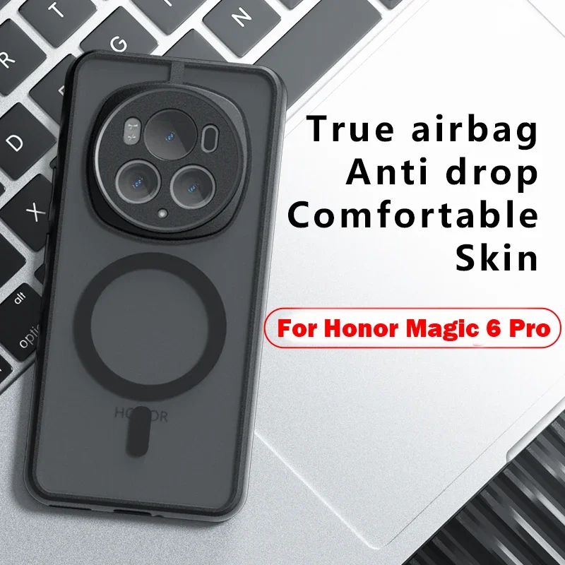 For Honor Magic 6 Pro Case Shockproof Magnetic Frosted Skin Feel Matte PC +TPU Anti-fingerprint Transparent Cover for Magic6 Pro