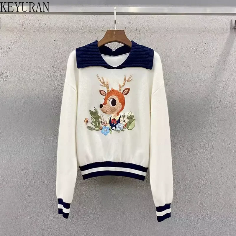 Autumn Winter New Deer Embroidery Knitted Sweater Women's Vintage Fashion Laple Long Sleeve Pullover Knitwear Tops Mujer Jumpers