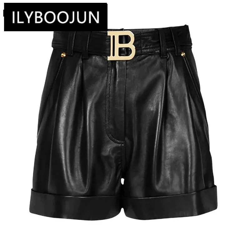 

New Autumn Collections High Quality PU Leather Black Women Shorts with Belt All-mtach Casual Female Clothing