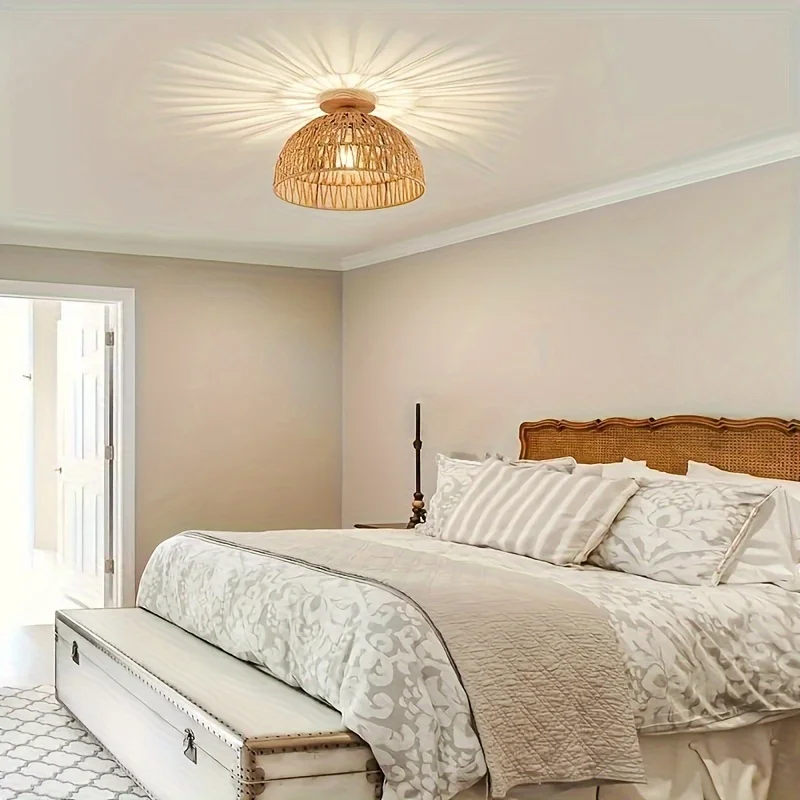 Semi-Circular Natural Handmade Wicker Lampshade Ceiling Mount for Island Cafe Bar Corridor Restaurant Bedroom Living Room