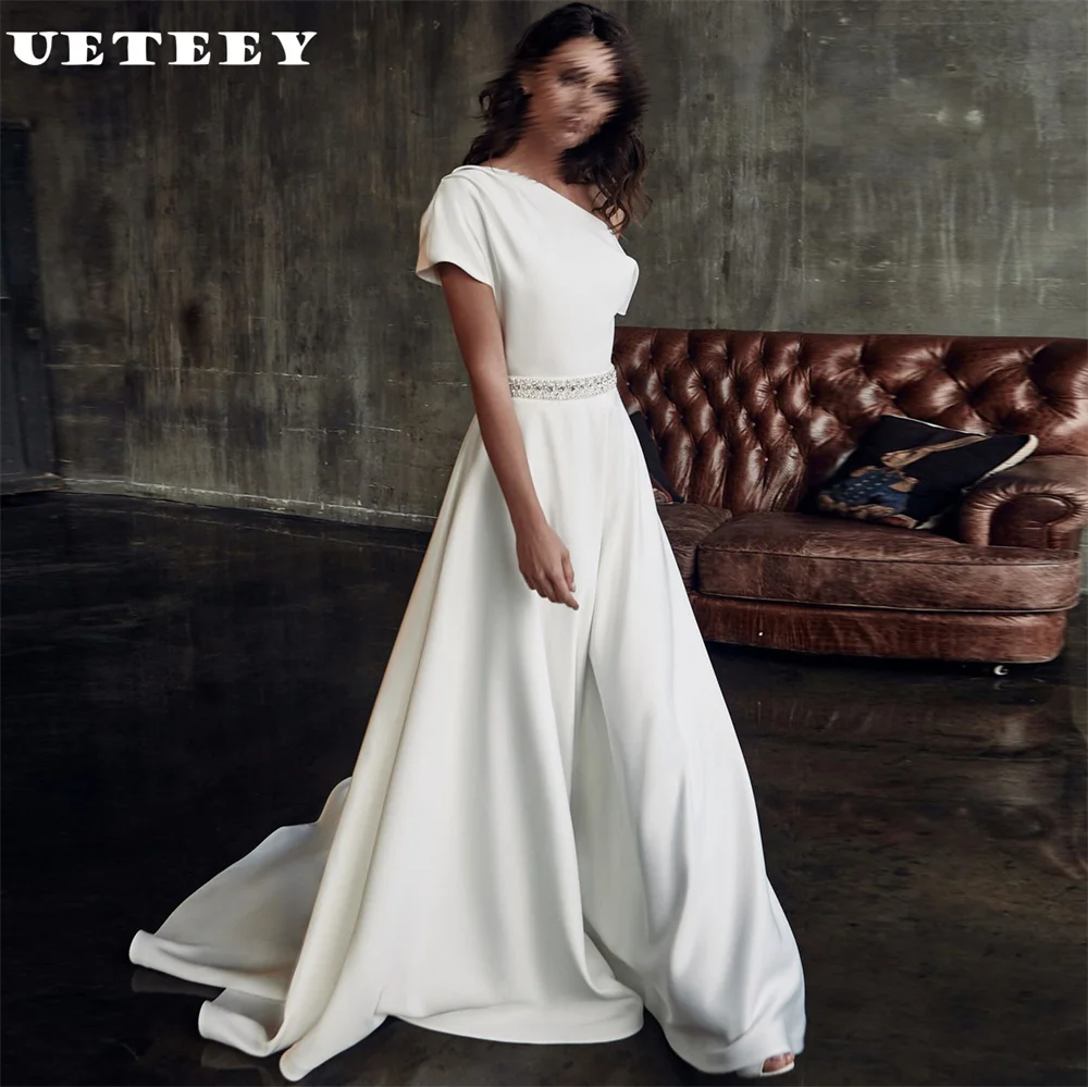 UETEEY Customized Asymmetrical One Shoulder Crepe A Line Wedding Dress Women Pleats Zipper Back Simple Court Train Bridal Gown