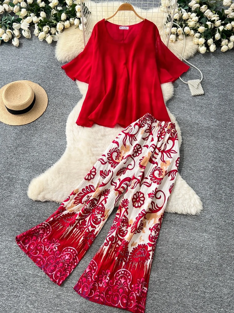 

Женский летний повседневный комплект 2026 года: новый свободный топ с коротким рукавом и брюки с широкими штанинами на высокой талии с принтом – модный комплект из двух предметов