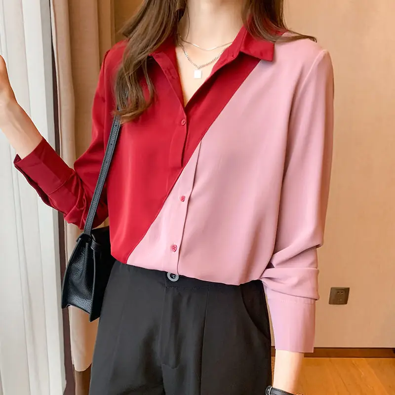 Fashion Contrast Color Fake Two Pieces Personality Blouse Women New Office Polo Collar Long Sleeve Chiffon Lady Shirt 2023