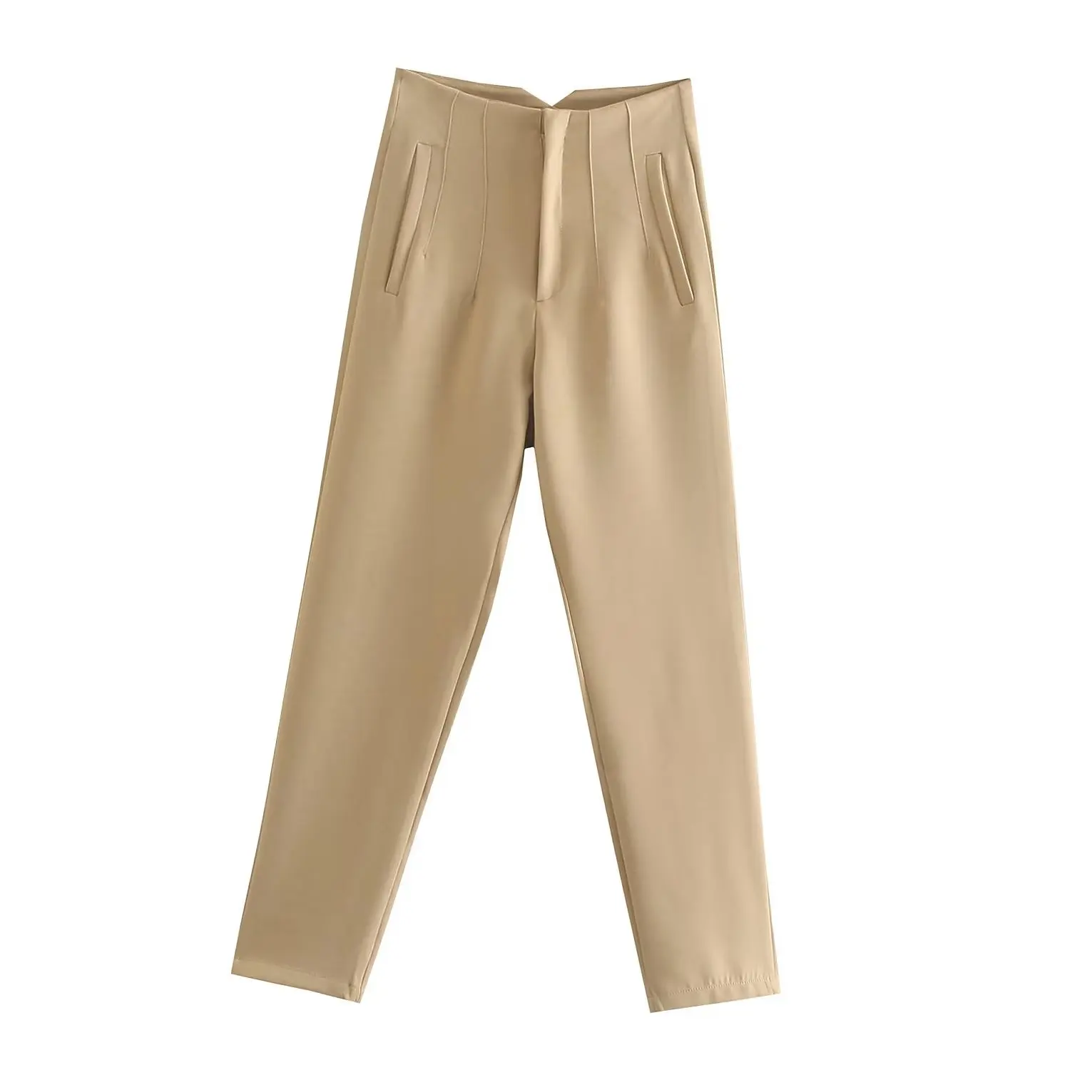 Straight Leg Pants High Waist Full Length Vintage Trousers for Women - Khaki