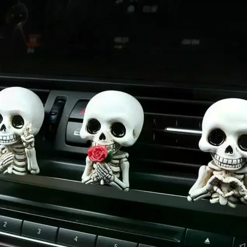 Cute Skull Resin Car Air Outlet Aroma Diffuser 3Pcs Mini Statue Set Funny Car Perfume Decor for All Vehicle Types
