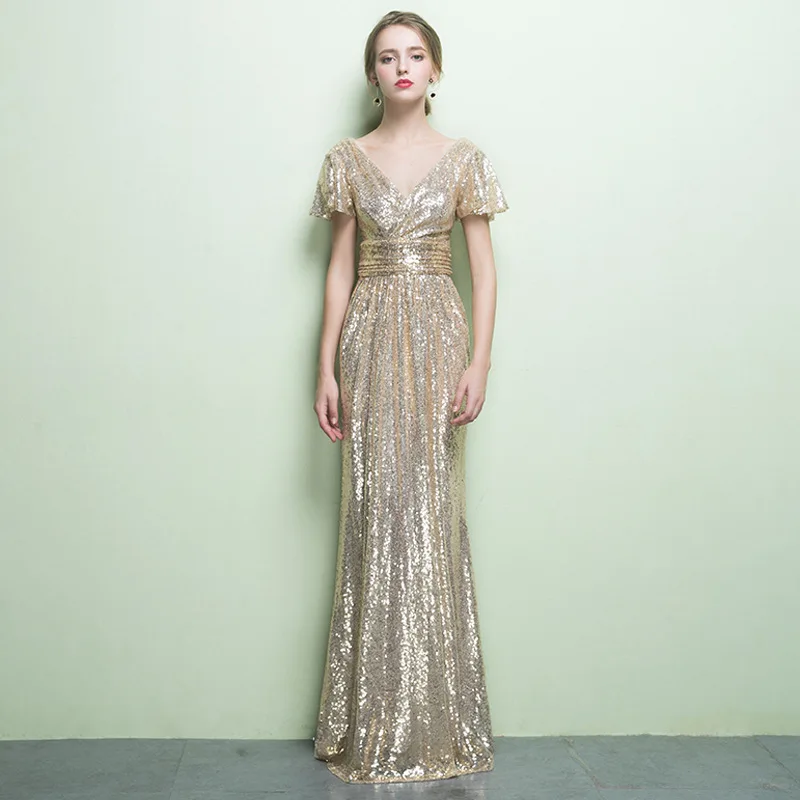 

2025 New Long Evening Gown Women's Host Dr Sparkling Gold Sequins Formal Ball Gown Slim Fit Maxi Dr Spring Season