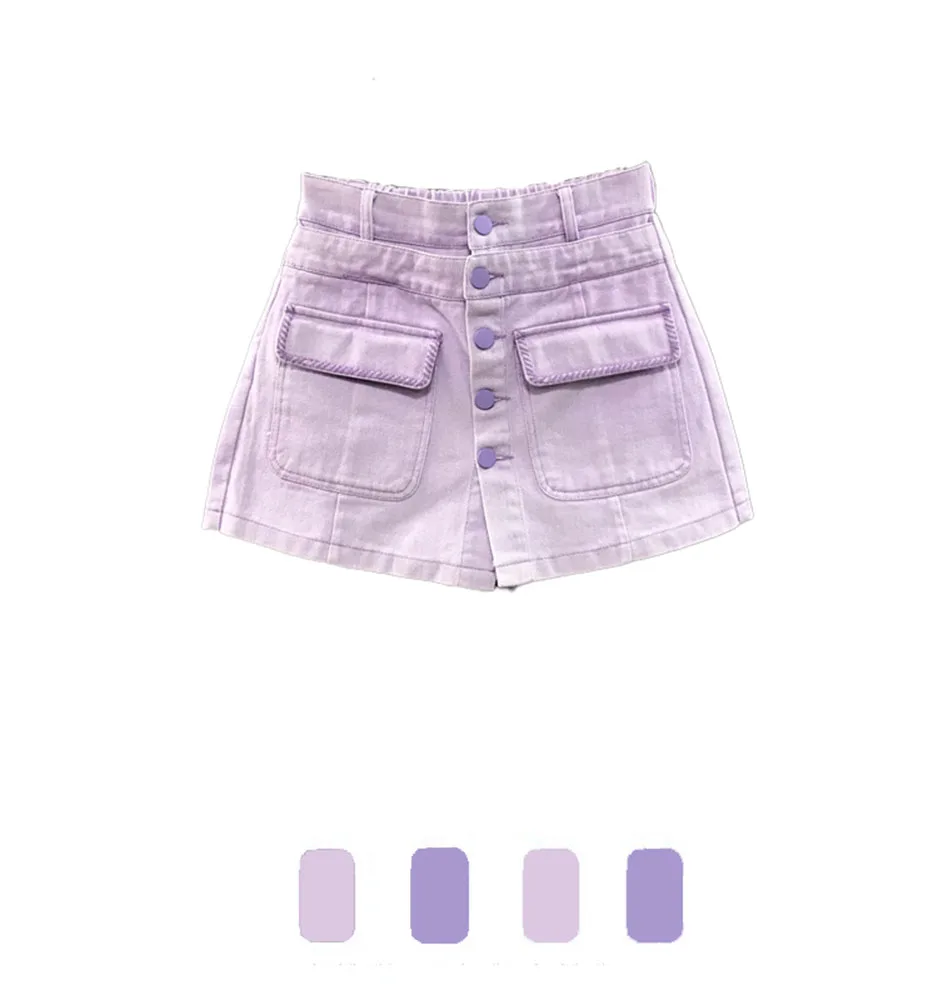 

Корейская версия, широкая юбка с карманами и высокой талией, брюки, модные универсальные фиолетовые джинсовые шорты трапециевидной формы, лето 2025, новый стиль