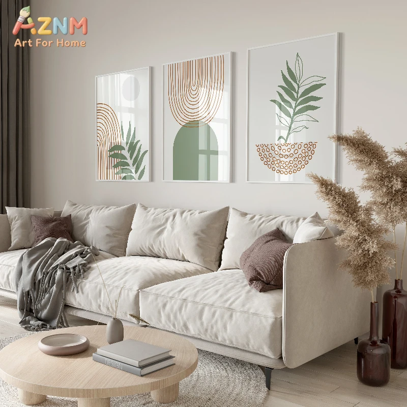 3PCS Boho Sage Green Terracotta Abstract Line Art Canvas Wall Art Set Minimalist Botanical Prints for Living Room Bedroom Decor
