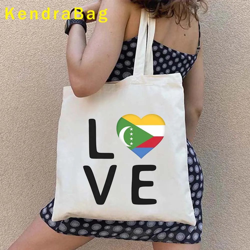 Comoros-Bolso de mano de lona con mapa de la bandera del país para mujer, bolsa de hombro, Harajuku, reutilizable, de algodón, plegable, para compras