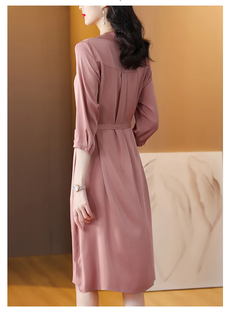 2023 Summer New Silk Solid V-Neck Short Sleeve Slim Dress Loose Large Waistband Satin Knee Length Dress Bohemian Casual Robe