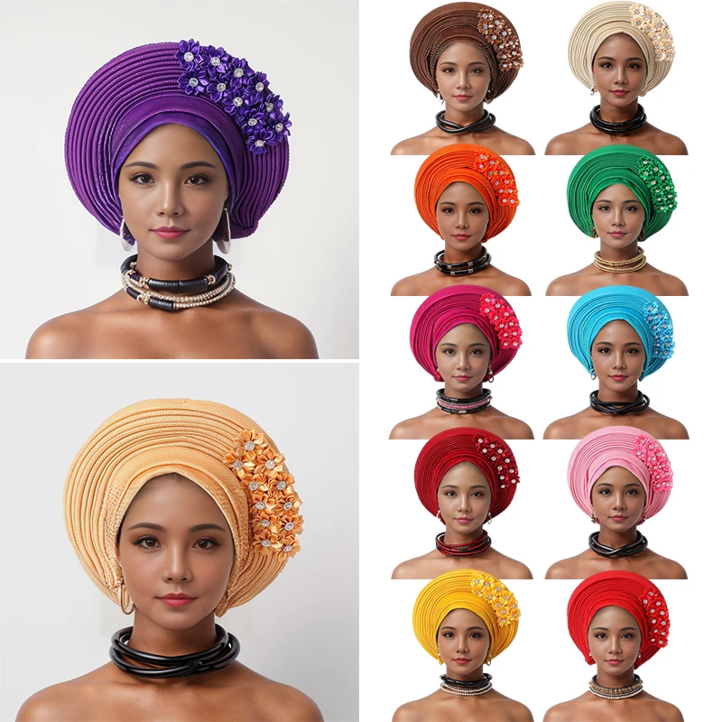 African Women Headscarf Hat Nigerian Gele Headtie Auto Gele Turban Headwarp Party Ladies' Muslim Hijab Headscarf Bonnet Hat