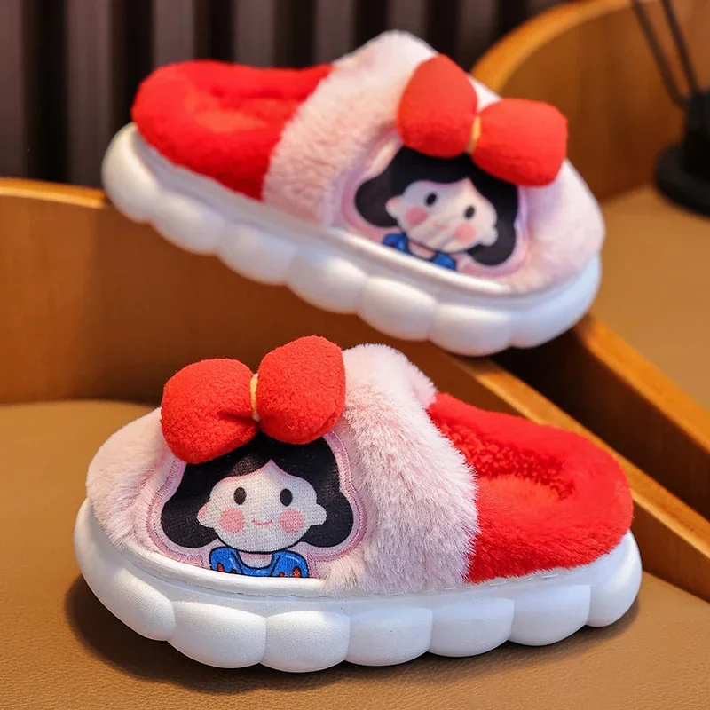 Children Winter Girls Plush Slippers Kids Indoor Mule Soft Sole Non-Slip Warm Flip Flops Cute Cartoon Princess Home Cotton Shoes