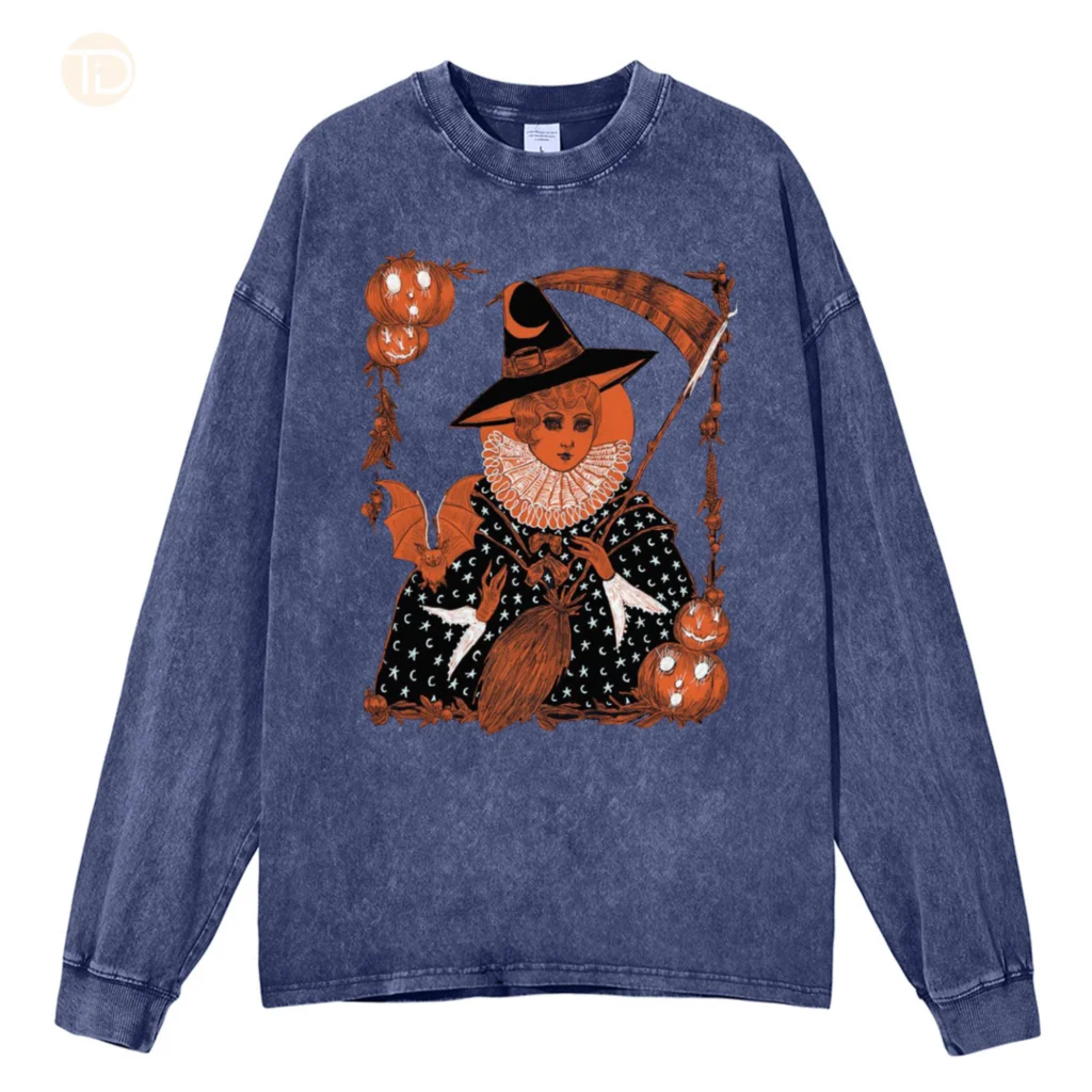 Halloween Theme y2k Washed Long Sleeve T Shirt, Witch Theme Graphic Printed, 100% Cotton Unisex Evil Pumpkin Print Cotton Tshirt