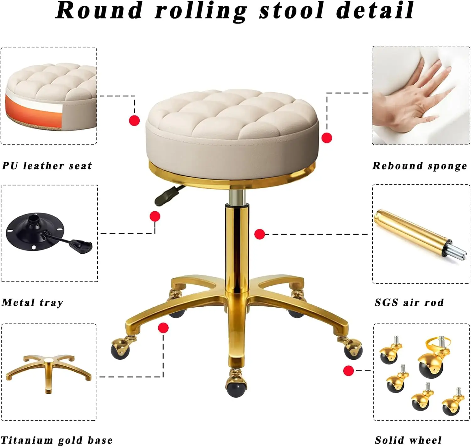 Stool Gold Vanity Stool with Wheels, Pedicure Massage Roller Stools, PU Leather Round Swivel Salon Spa Chair, Titanium Gold Base