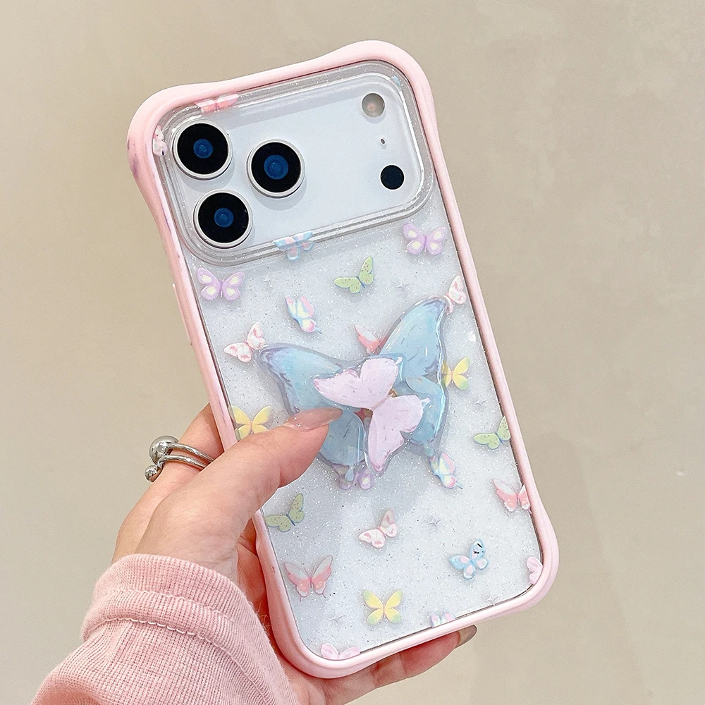 

2 IN 1 Glitter Cute Butterfly Pink Edge Anti-fall Phone Case for iPhone 17promax 16 15 14 Pro Max Lovely Shockproof Clear Cover