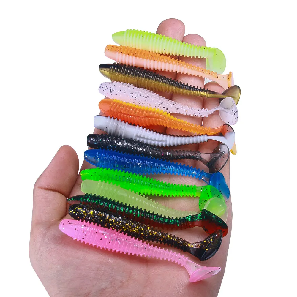 30 Stück 7,5cm Weicher Angelköder T-Tail Swimbait Gerippter Silikonköder mit Glitzer Realistische Schwimmaktion für Barsch, Hecht, Zander