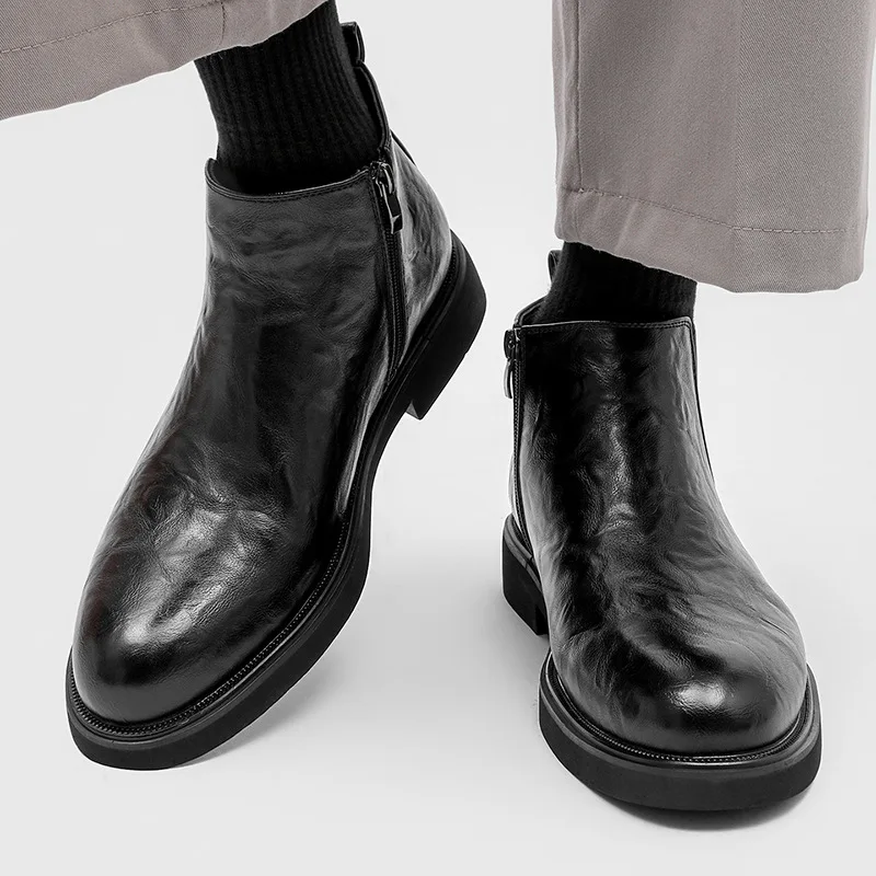 أحذية تشيلسي كاجوال للرجال لمكتب الأعمال باللون الأسود والبني سهلة الارتداء أحذية رعاة البقر الأصلية من الجلد قابلة للتنفس أحذية كاحل لطيفة #3