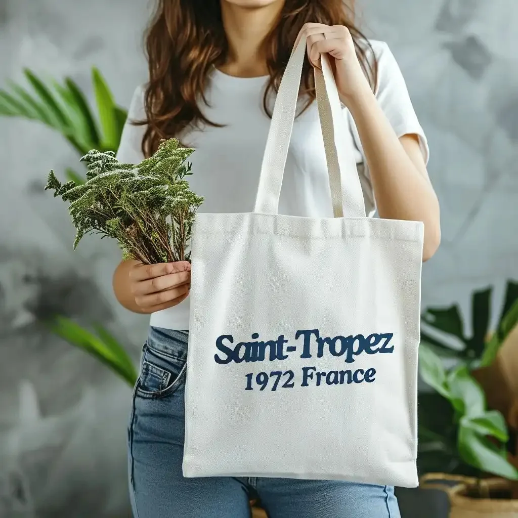 Chic White Tote Featuring The Print 'Saint-Tropez 1972 France' - a Casual Shoulder Bag Designed for Women, Ideal for Travel And