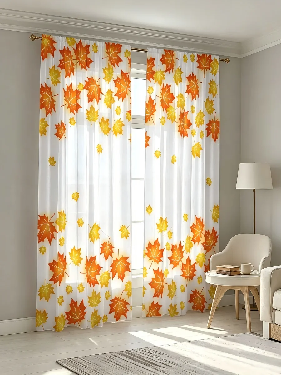 2PCS Digital Print Sheer Curtain, Maple Leaf Ripple, Autumn Nature Water - Voile Drapes for Home Bedroom Living Room Decor