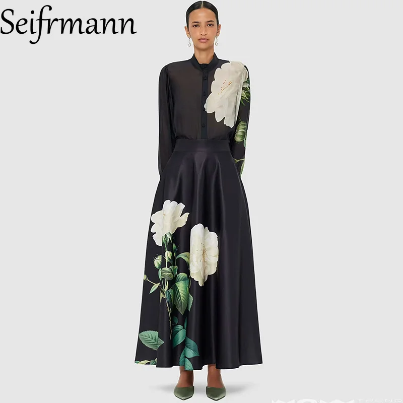 

Seifrmann Fashion design Women's Summer Dress Stand collar Long-Sleeved Floral-Print Chic Elegant Designer Dresses