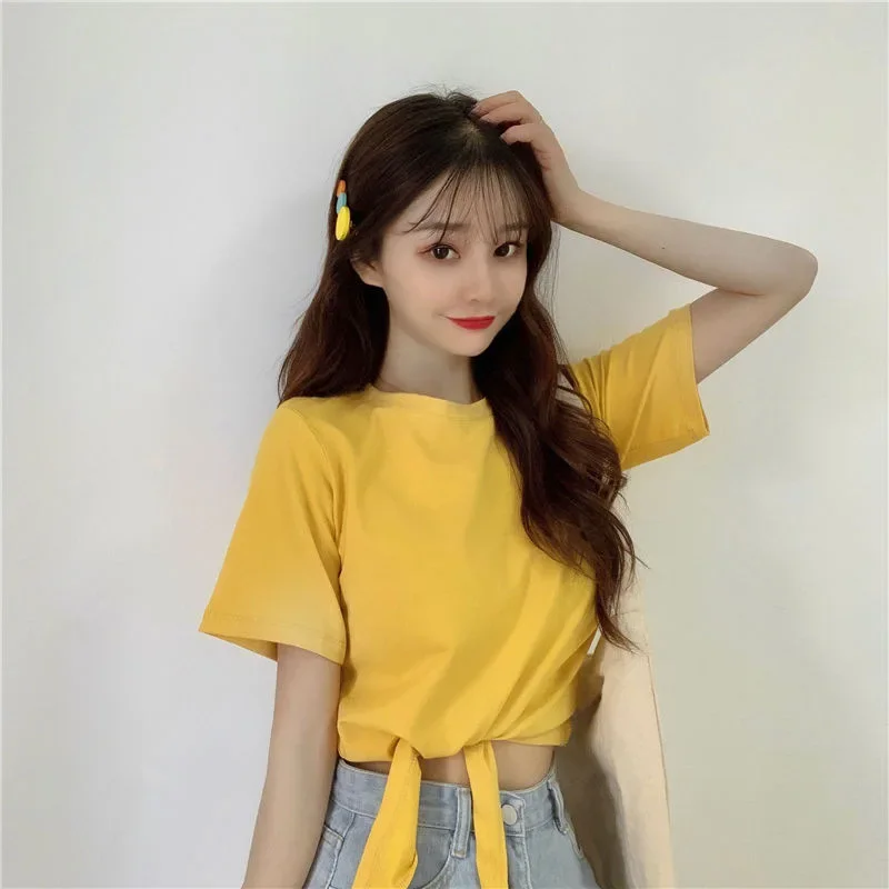 Novedad de verano, camiseta de manga corta de cintura alta de Color puro, Top de cuello redondo con sensación de diseño de estilo coreano a la moda para mujer