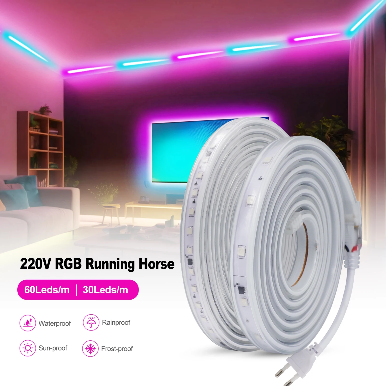 WS2811 RGB5050 Dream Color Running Water LED Strip Light 30 60Leds/m IP65 Addressable Horse Race Light AC220V for Home Garden