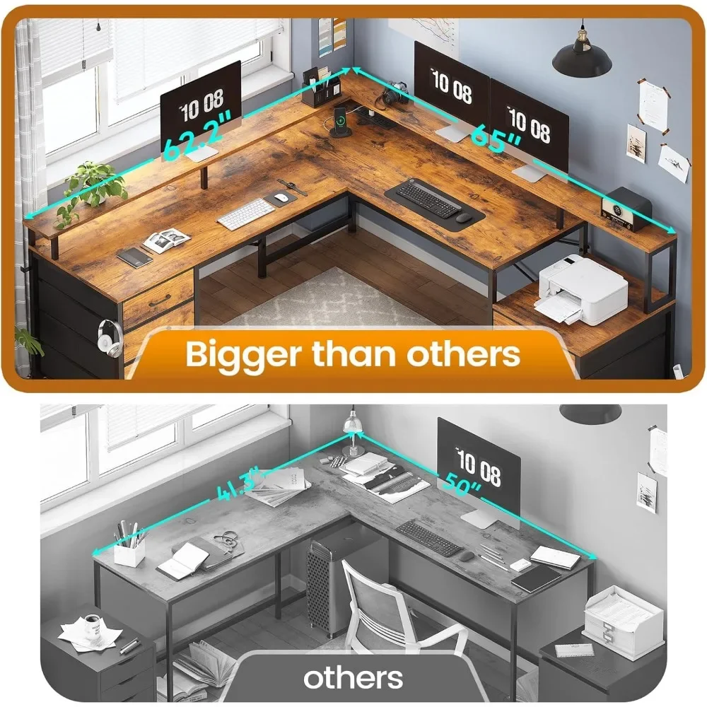 Mesa em forma de L com gaveta, mesa de escritório doméstico com gaveta de arquivo e tomada de energia, mesa de computador de canto com prateleira de monitor