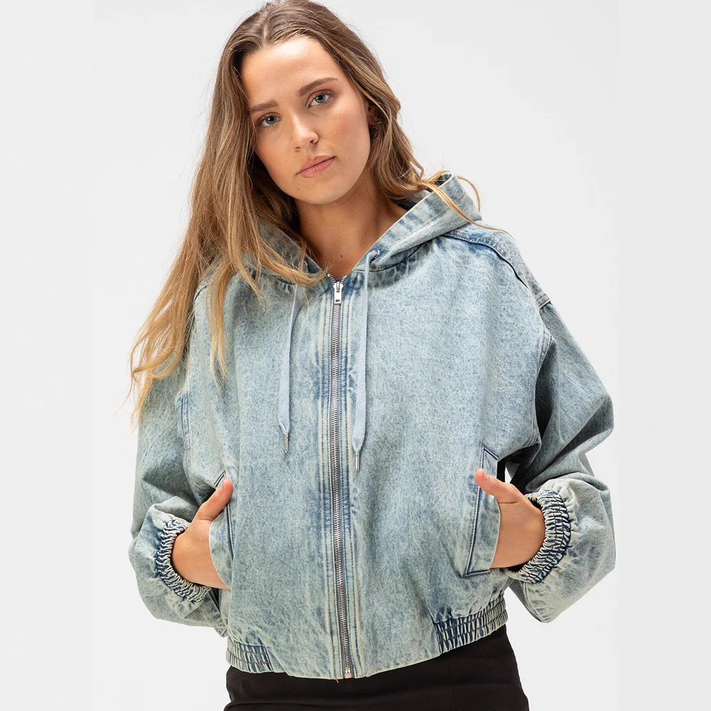 

Casual Loose Fit Zipper Hooded Denim Jacket Women's Autumn Faishion Versatile Design Sense Dstring Femme Hooded Outerwear Jacket