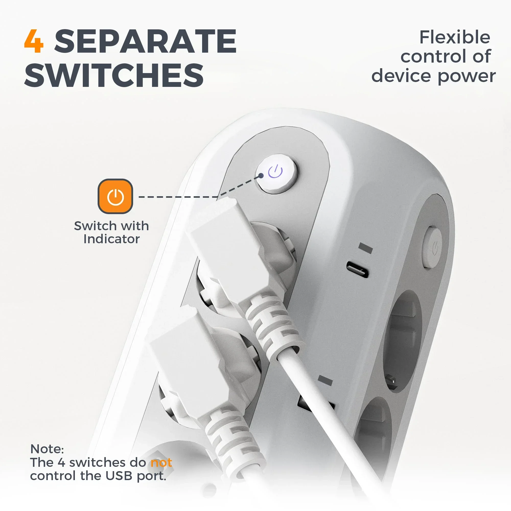 Listwa zasilająca TESSAN z 12 gniazdami, 4 oddzielnymi włącznikami, wielogniazdkowa listwa zasilająca z USB-C, przedłużacz 2m, adapter wtyczki