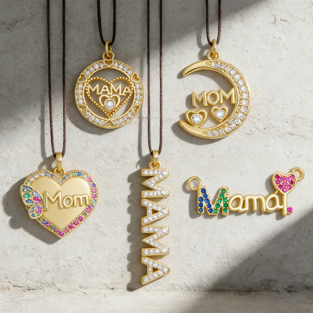 3Pcs Pendants MAMA Mom Charm Heart Round Moon Hollow Brass Color Zircon for DIY Jewelry Necklace Bracelet Making Mother Day Gift