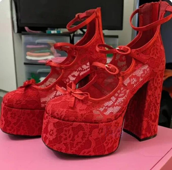 Red light blur floral lace Buckle strap Lolita Pumps Super Platform Chunky High Heels Small Bowtie Women Wedding shoes