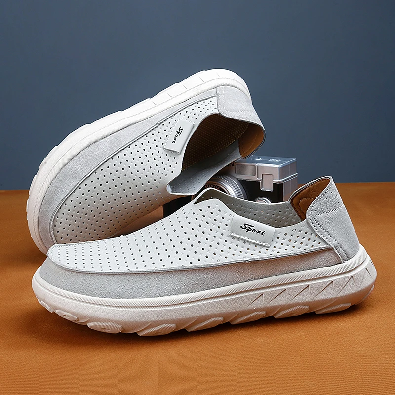 

Men's Yellow Perforated Comfortable Loafers Breathable Thick Soled Casual Walking Shoes Outdoor Hollow Hiking Shoes Size：39-46