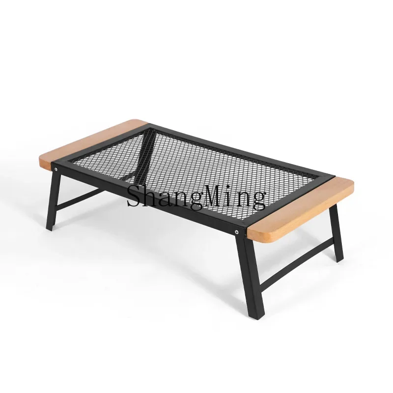 CLL camping folding table portable solid wood egg roll iron mesh picnic table and chair set