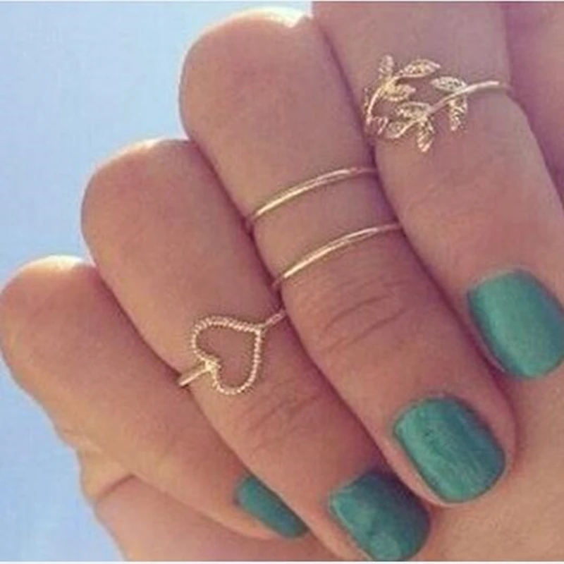 Cheap Jewelry 4pcs/set Gold Color Crystal Love Heart Rings Stacking Charm Leaf Midi Knuckle Ring Set For Women Anel Anillos Hot