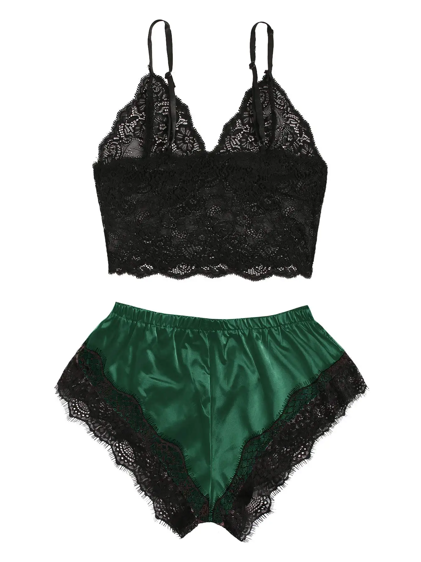 2PCS Women's Satin Pajama Set Lace Cami Top and Shorts Sexy Lingerie Sleepwear Summer Breathable Nightwear Black And Pink