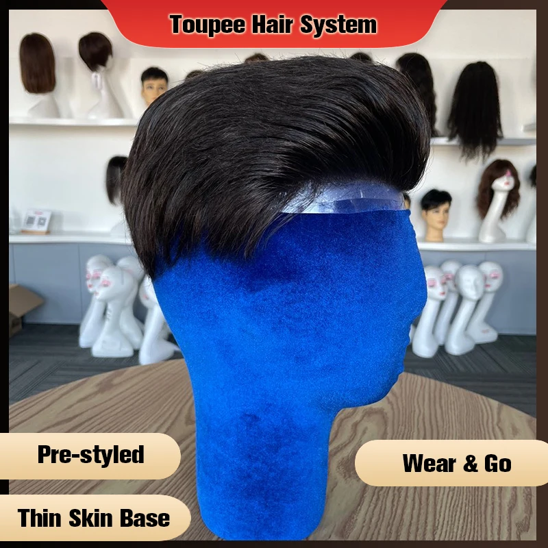 Thin Skin Men Toupee Pre Styled Slicked Back 0.04mm 0.06mm Human Hair Men Wig Hair Replacement Systems Hair Piece Protesis Male