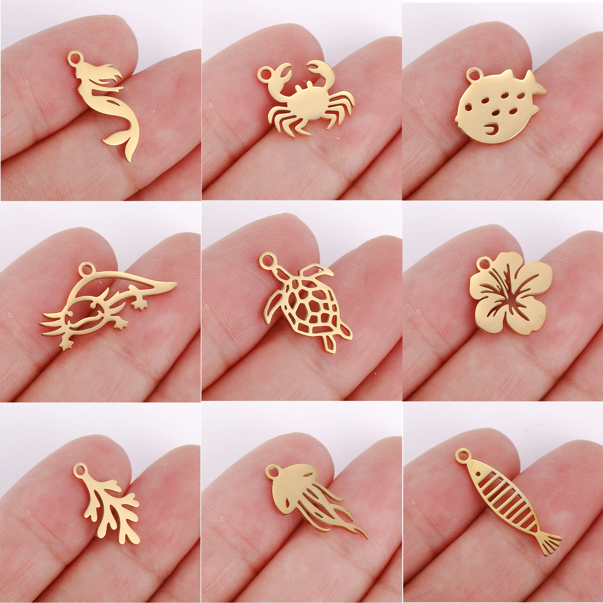 5Pcs Turtle/Mermaid/Hibiscus Charm Stainless Steel Hawaii Ocean Sea Animal Pendant DIY Bracelet Necklace Earrings Jewelry Making