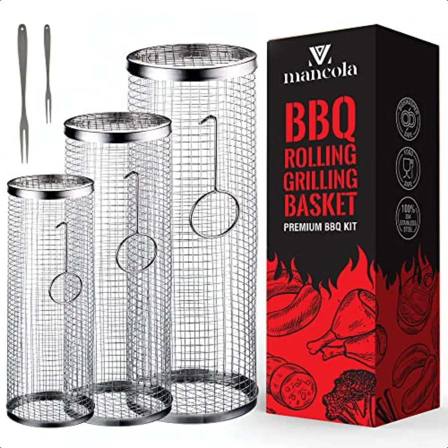

BBQ Net TubeRolling Grilling BasketRolling Grilling Baskets for Outdoor Grilling Round Stainl Steel BBQ Grill Mesh Camping Barb